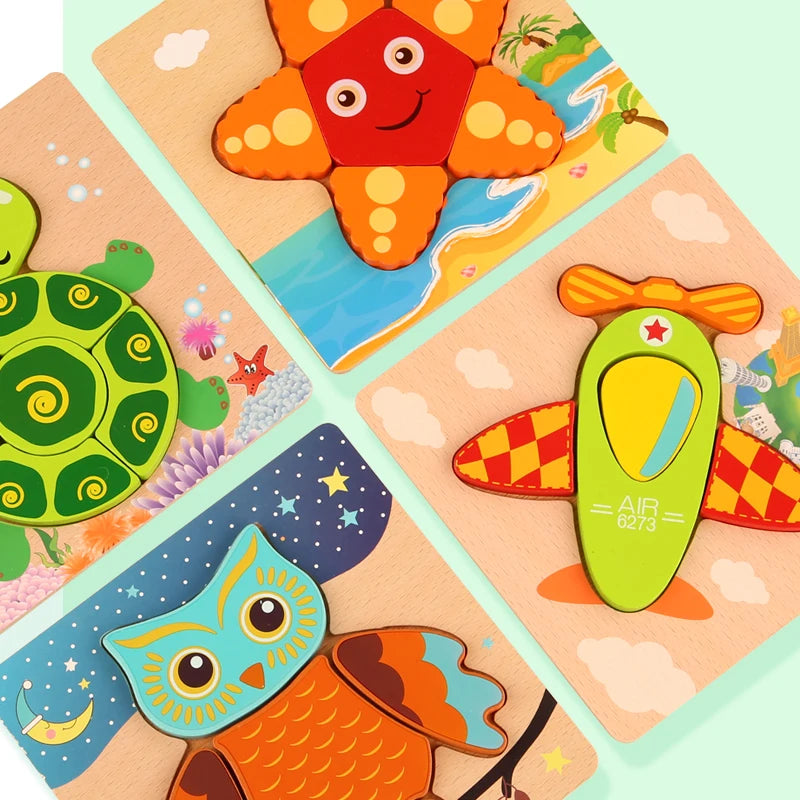 Quebra-Cabeça 3D de Madeira de Alta Qualidade – Animais e Tráfego em Desenho Animado para Bebês | Jogo de Aprendizado Cognitivo Infantil