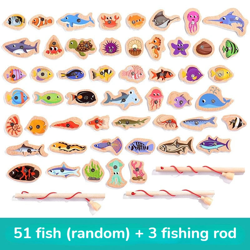 Brinquedo de Pesca Montessori em Madeira – Jogo Educativo Interativo com Peixinhos Magnéticos para Crianças