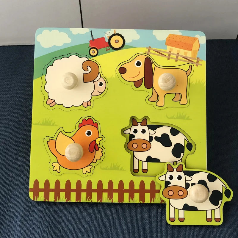 Brinquedos Montessori para Bebês – Quebra-cabeças de Madeira, Placa de Agarrar com Animais para Cognição e Aprendizado Educativo para Crianças de 1 a 3 Anos