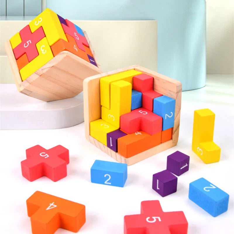 Blocos de Madeira Coloridos, Quebra-Cabeças Clássicos, Cubo 3D Numérico, Brinquedos de Encaixe, Jogo Intelectual para Crianças e Adultos