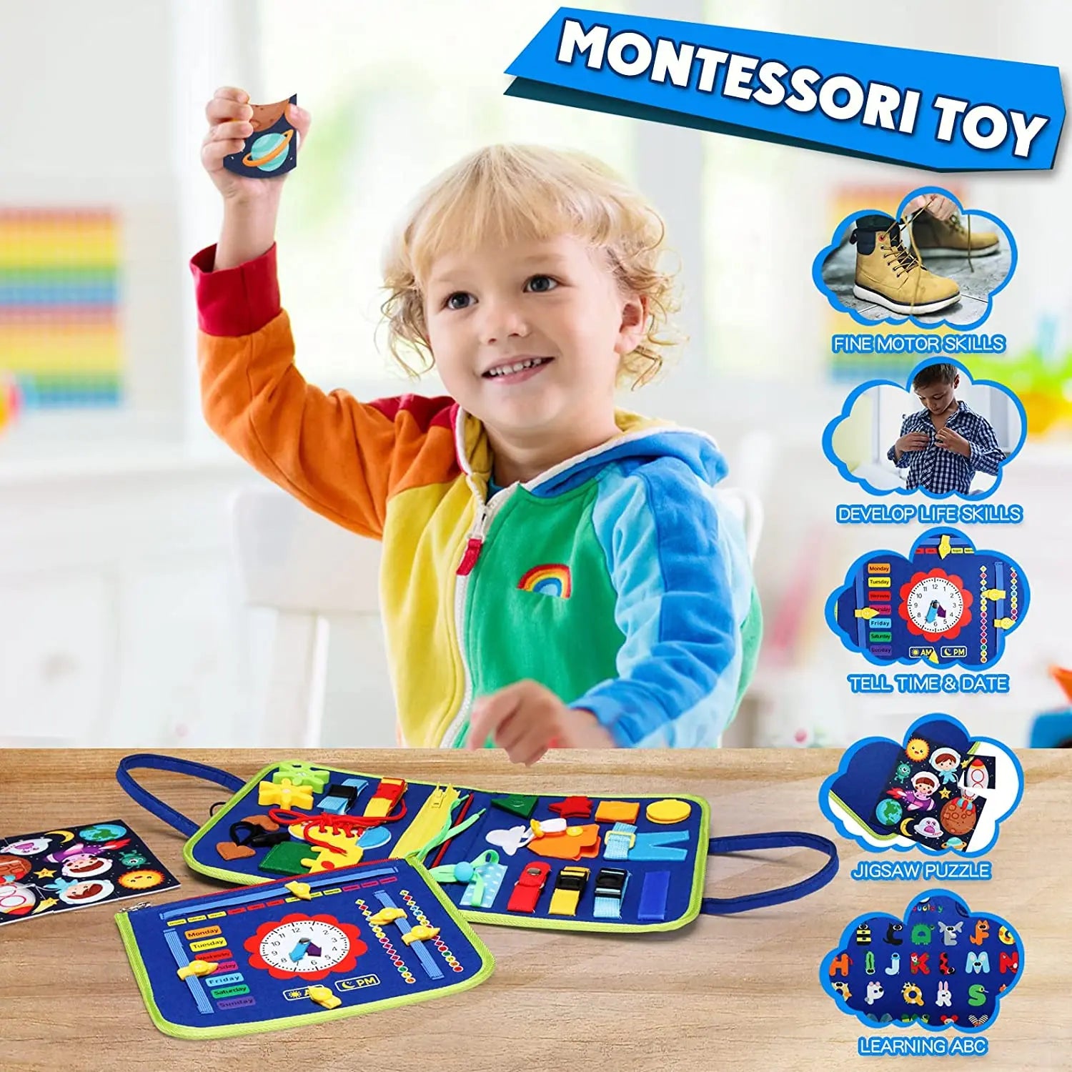 Brinquedo Montessori – Placa de Atividades Sensorial para Desenvolvimento de Habilidades Motoras, Placa Educativa para Crianças Pequenas