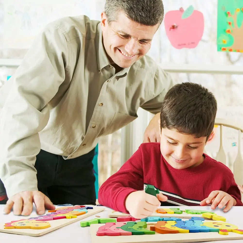 Quebra-Cabeças Educativos 3D de Madeira de Alta Qualidade – Animais em Estilo Cartoon – Jogo de Puzzle para Desenvolvimento Cognitivo e Inteligência Infantil