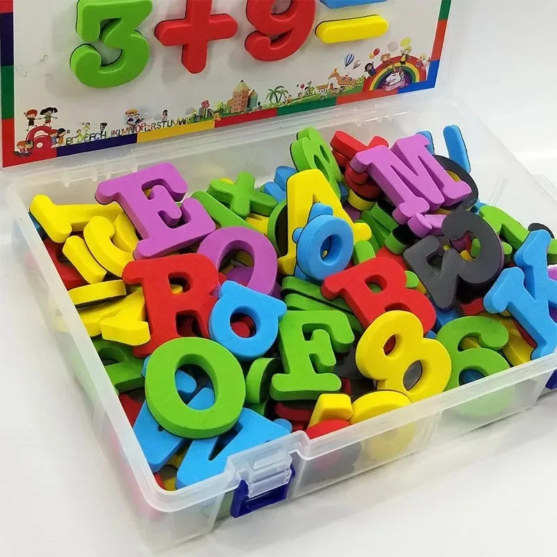 Conjunto Educacional de Brinquedo com Letras e Números Magnéticos – Alfabeto ABC 123, Ímãs de Geladeira em Plástico, Aprendizado Pré-escolar, Letras Maiúsculas, Minúsculas e Matemática