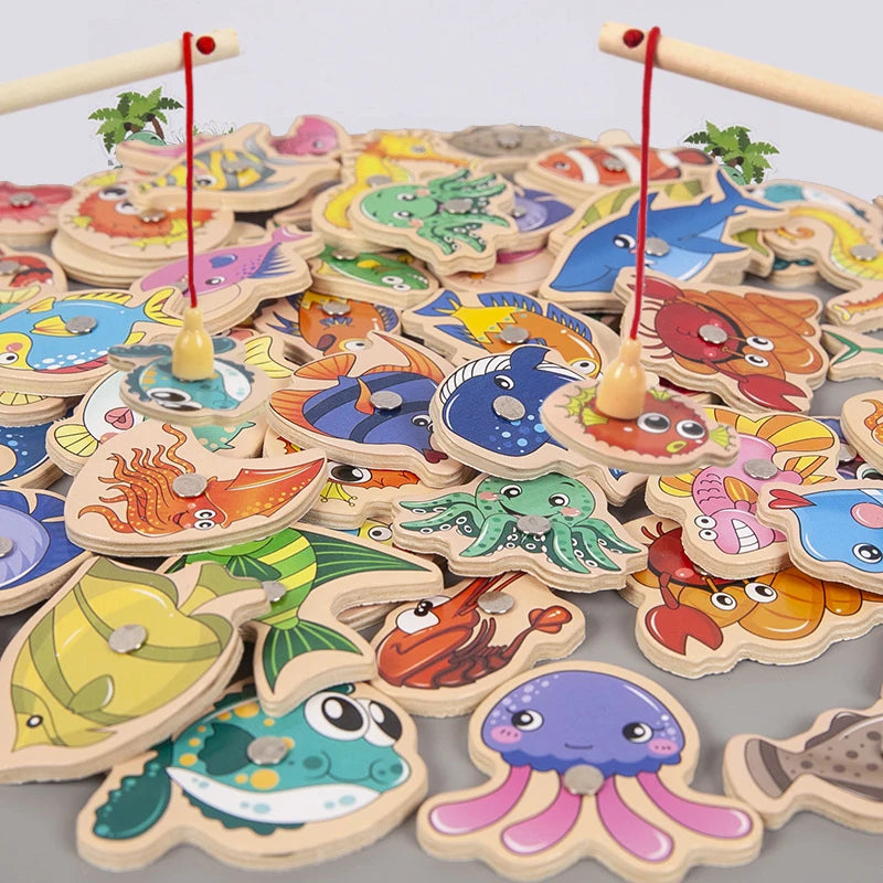 Brinquedo de Pesca Montessori em Madeira – Jogo Educativo Interativo com Peixinhos Magnéticos para Crianças