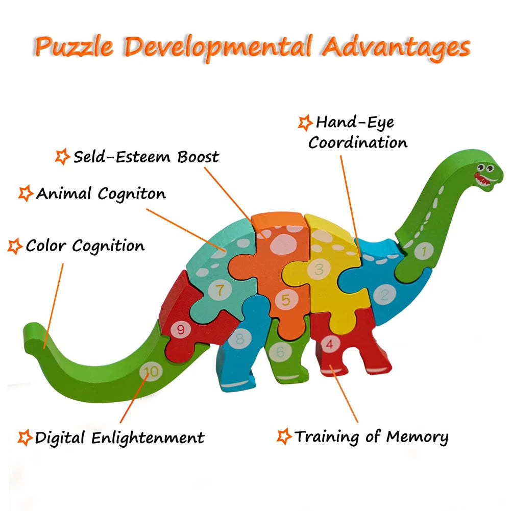 Quebra-Cabeças Educativos 3D de Madeira de Alta Qualidade – Animais em Estilo Cartoon – Jogo de Puzzle para Desenvolvimento Cognitivo e Inteligência Infantil