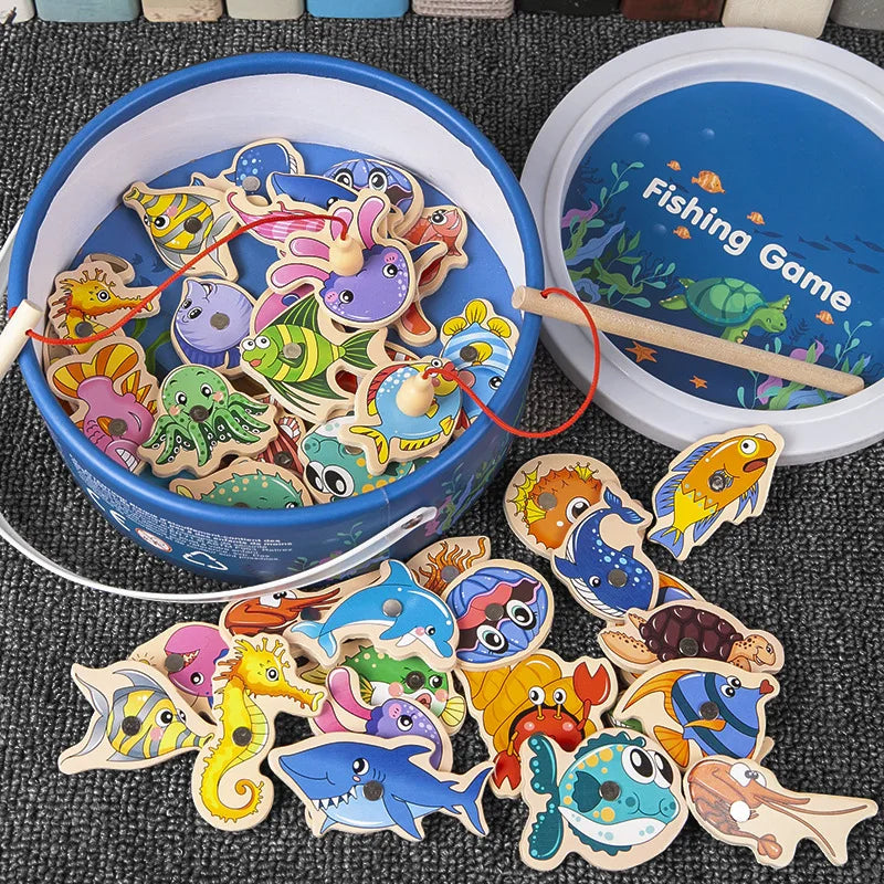 Brinquedo de Pesca Montessori em Madeira – Jogo Educativo Interativo com Peixinhos Magnéticos para Crianças