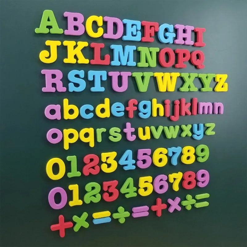 Conjunto Educacional de Brinquedo com Letras e Números Magnéticos – Alfabeto ABC 123, Ímãs de Geladeira em Plástico, Aprendizado Pré-escolar, Letras Maiúsculas, Minúsculas e Matemática