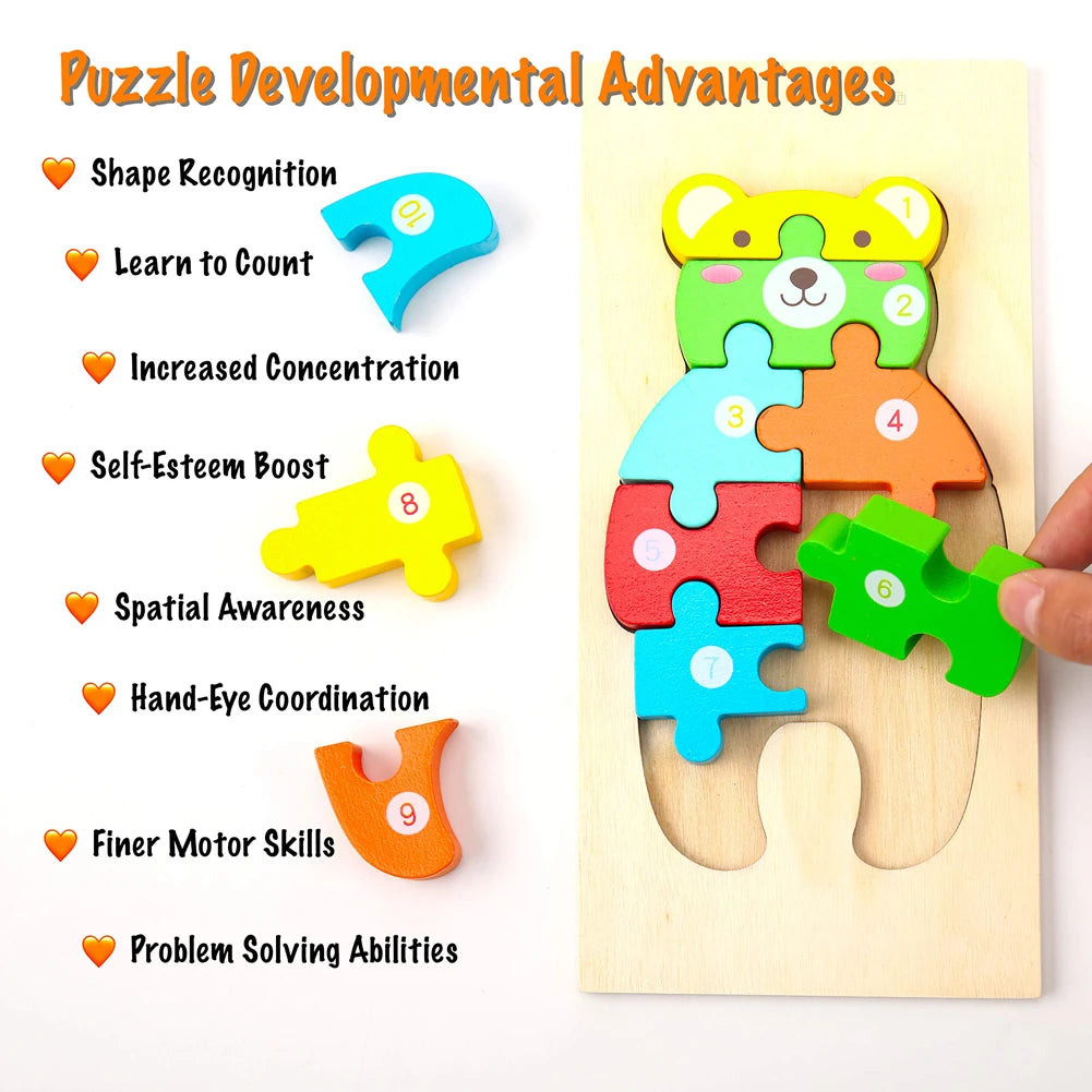 Quebra-Cabeças Educativos 3D de Madeira de Alta Qualidade – Animais em Estilo Cartoon – Jogo de Puzzle para Desenvolvimento Cognitivo e Inteligência Infantil