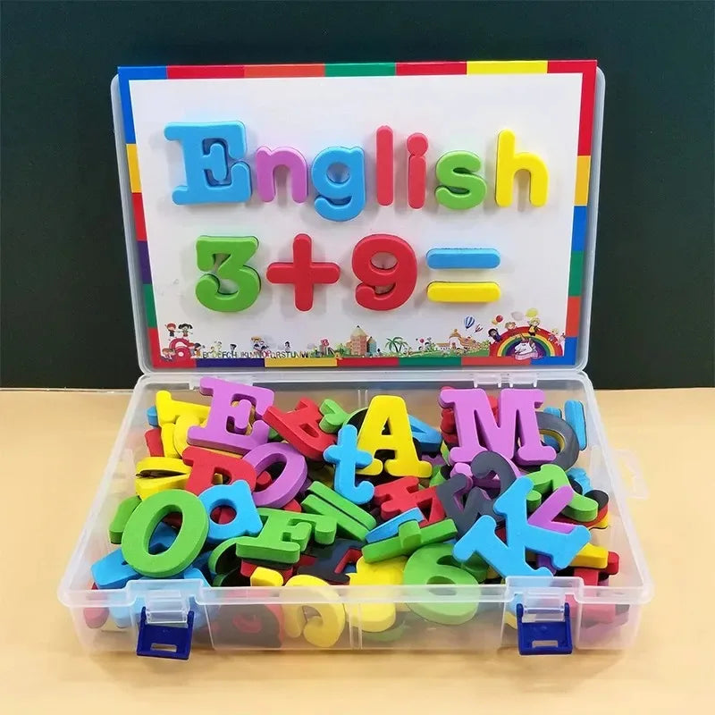 Conjunto Educacional de Brinquedo com Letras e Números Magnéticos – Alfabeto ABC 123, Ímãs de Geladeira em Plástico, Aprendizado Pré-escolar, Letras Maiúsculas, Minúsculas e Matemática