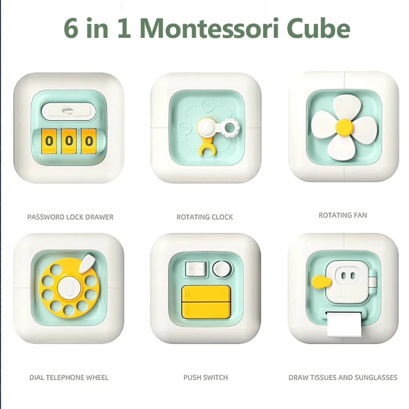 Cubo Montessori 6 em 1 – Brinquedo Sensorial Educativo com Atividades para Bebês Descubra um mundo de aprendizado e diversão em um só brinquedo!