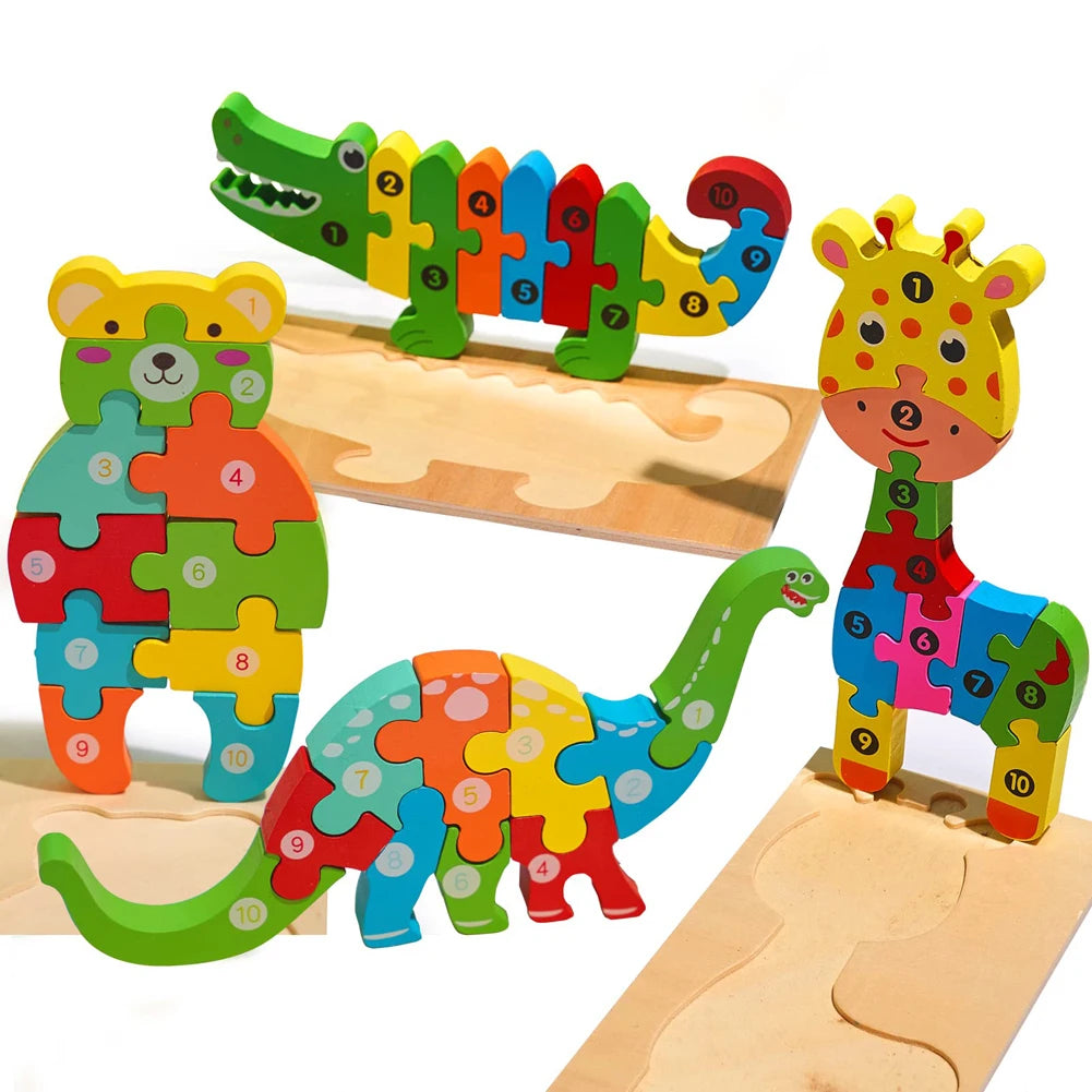 Quebra-Cabeças Educativos 3D de Madeira de Alta Qualidade – Animais em Estilo Cartoon – Jogo de Puzzle para Desenvolvimento Cognitivo e Inteligência Infantil