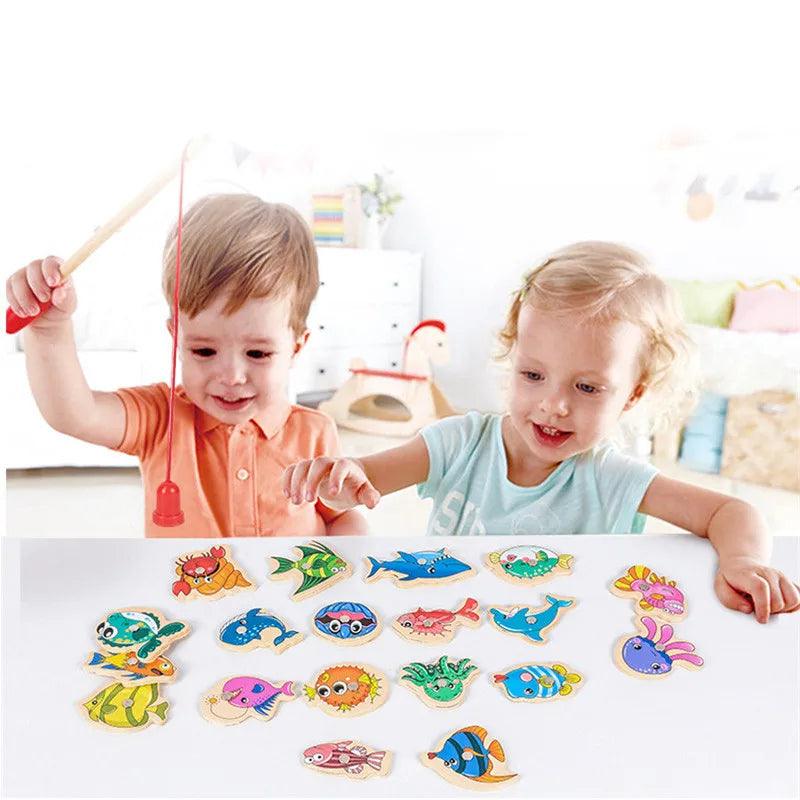 Brinquedo de Pesca Montessori em Madeira – Jogo Educativo Interativo com Peixinhos Magnéticos para Crianças